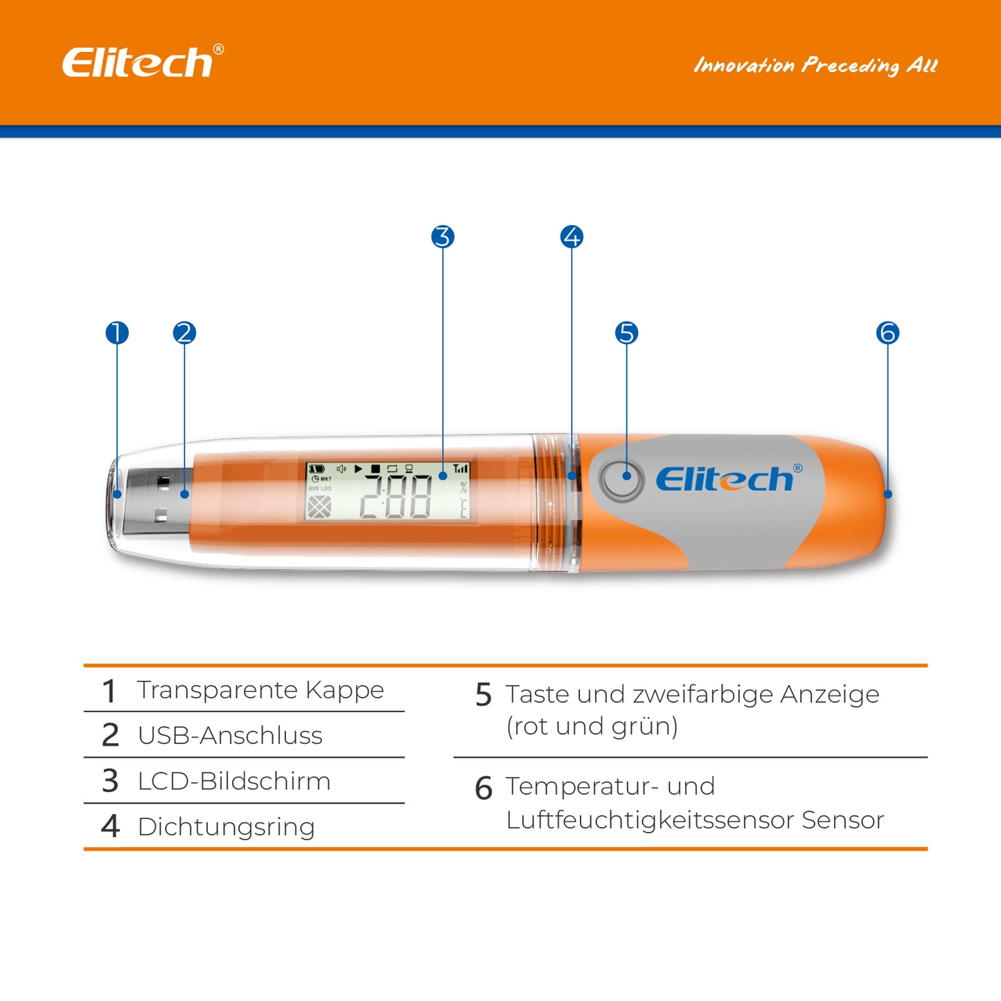 Elitech RC-51H USB-Datenlogger für Temperatur und Luftfeuchtigkeit, 32.000 Aufzeichnungen, PDF-Bericht, zertifizierte Kalibrierung