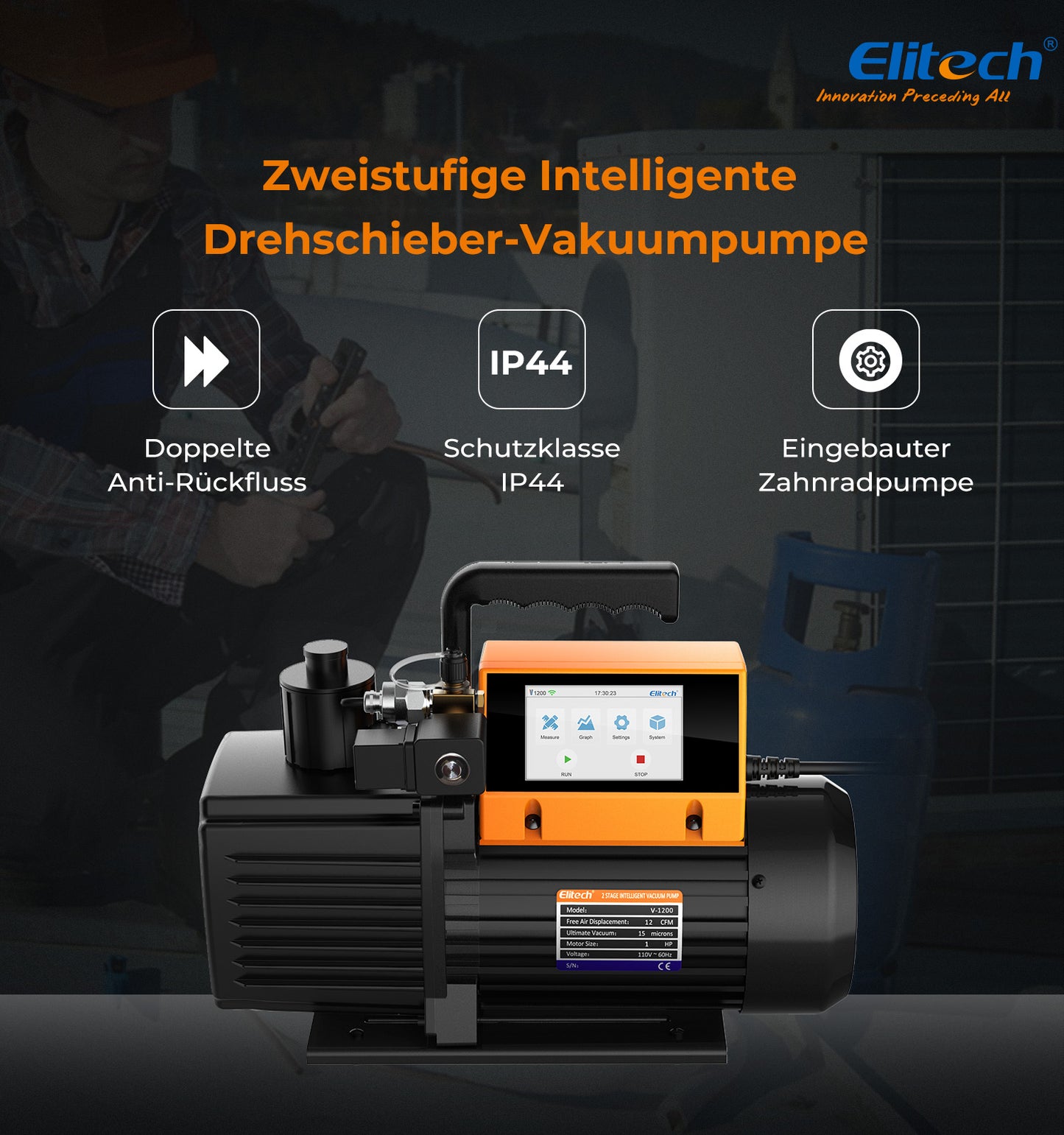 Elitech V1200 220V Intelligente 2-Stufen-Vakuumpumpe 12CFM, 5L/S, APP-Steuerung, Datenprotokollierung, intelligente Steuerung