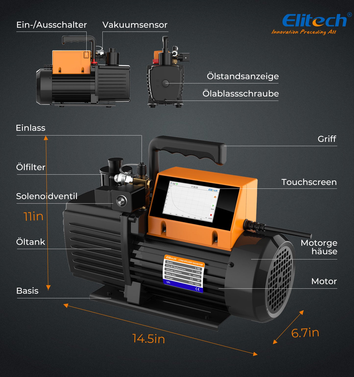 Elitech V700 220 V Intelligente 2-Stufen-Vakuumpumpe, 7 CFM, 3 l/s, APP-Steuerung, Datenprotokollierung, intelligente Steuerung