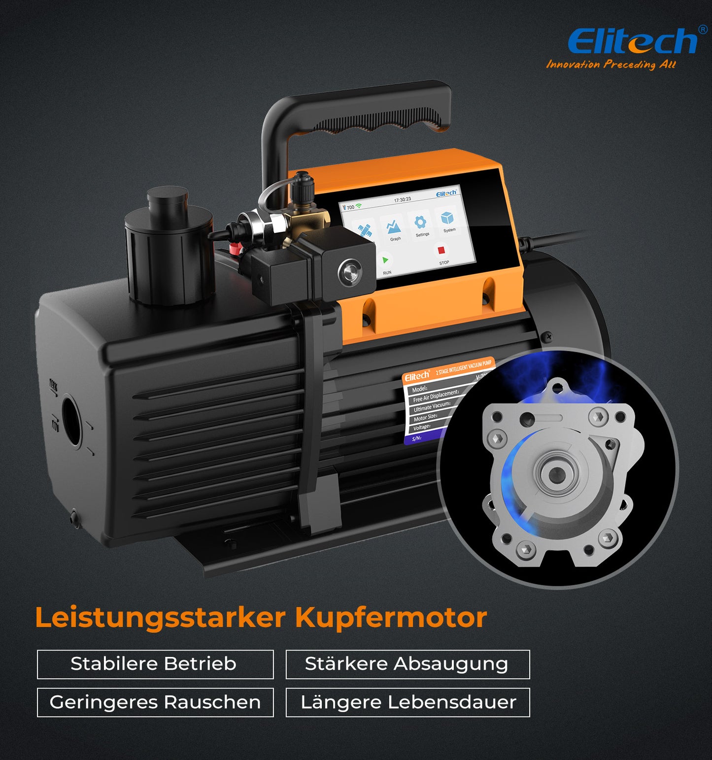 Elitech V700 220 V Intelligente 2-Stufen-Vakuumpumpe, 7 CFM, 3 l/s, APP-Steuerung, Datenprotokollierung, intelligente Steuerung