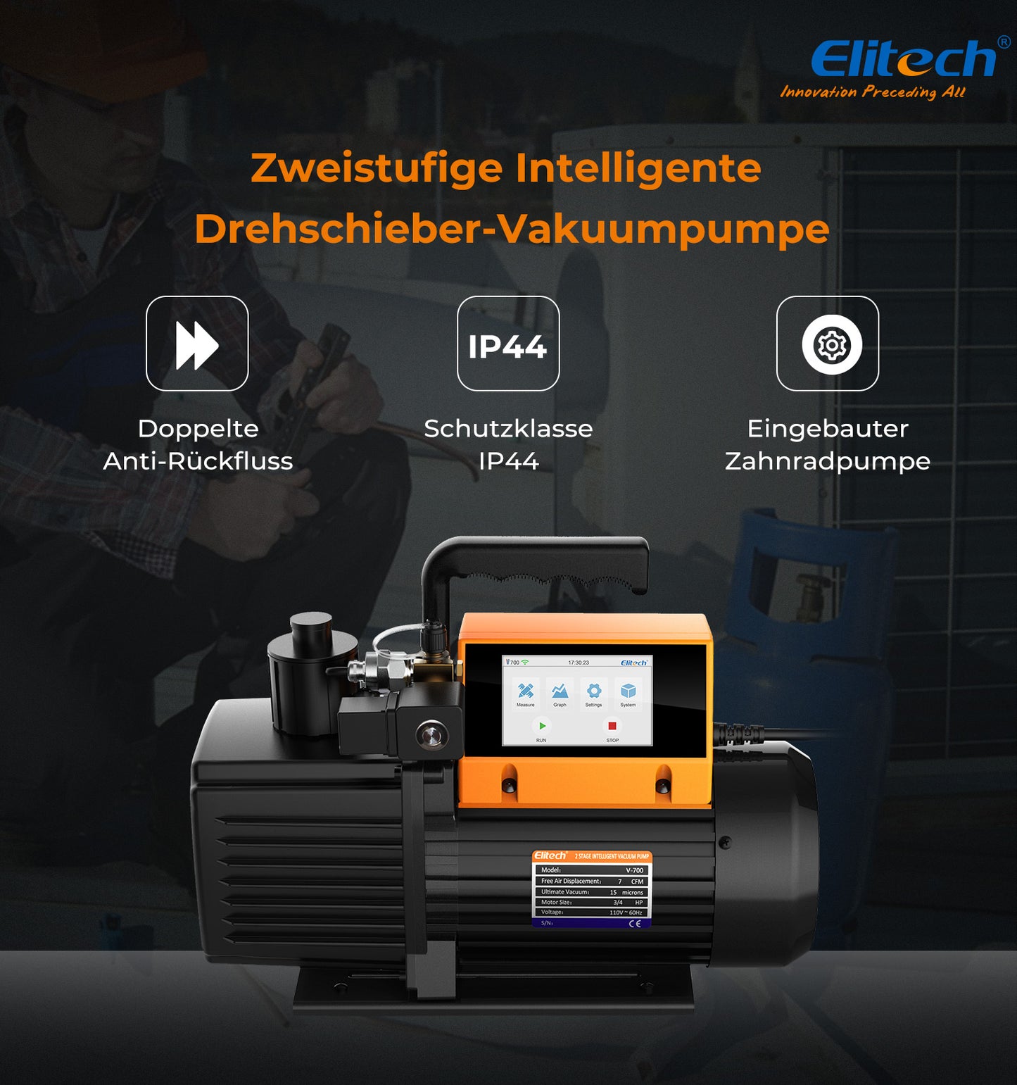 Elitech V700 220 V Intelligente 2-Stufen-Vakuumpumpe, 7 CFM, 3 l/s, APP-Steuerung, Datenprotokollierung, intelligente Steuerung