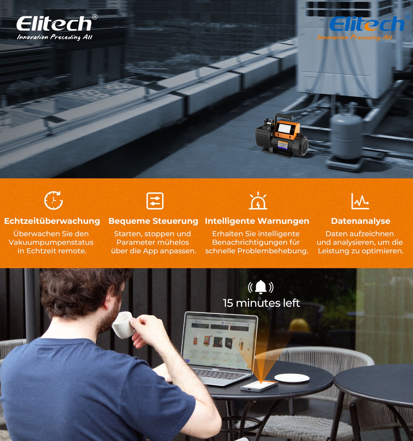 Elitech V700 220 V Intelligente 2-Stufen-Vakuumpumpe, 7 CFM, 3 l/s, APP-Steuerung, Datenprotokollierung, intelligente Steuerung