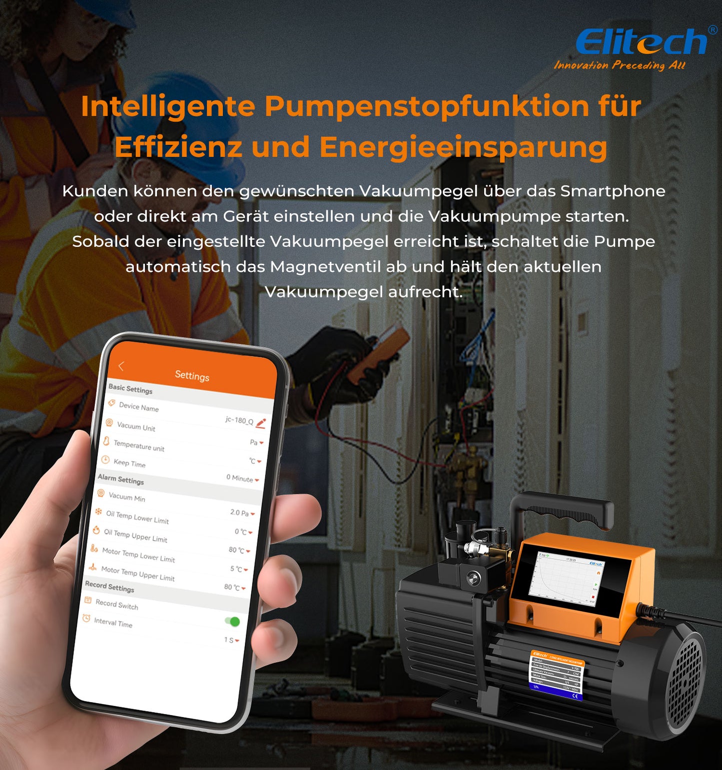 Elitech V700 220 V Intelligente 2-Stufen-Vakuumpumpe, 7 CFM, 3 l/s, APP-Steuerung, Datenprotokollierung, intelligente Steuerung