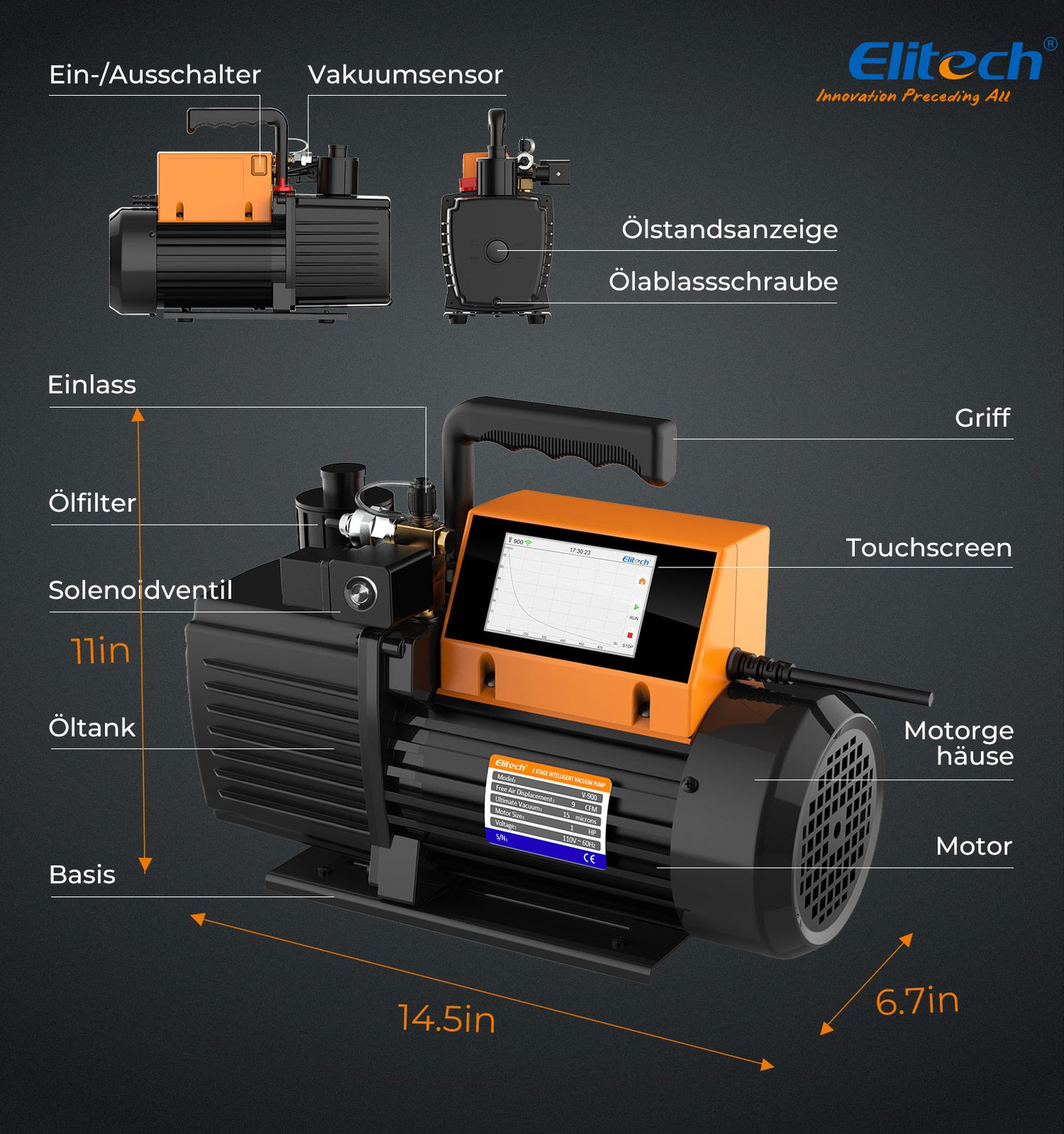 Elitech V900 220 V Intelligente 2-stufige Vakuumpumpe, 9 CFM, 4 l/s, APP-Steuerung, Datenprotokollierung, intelligente Steuerung