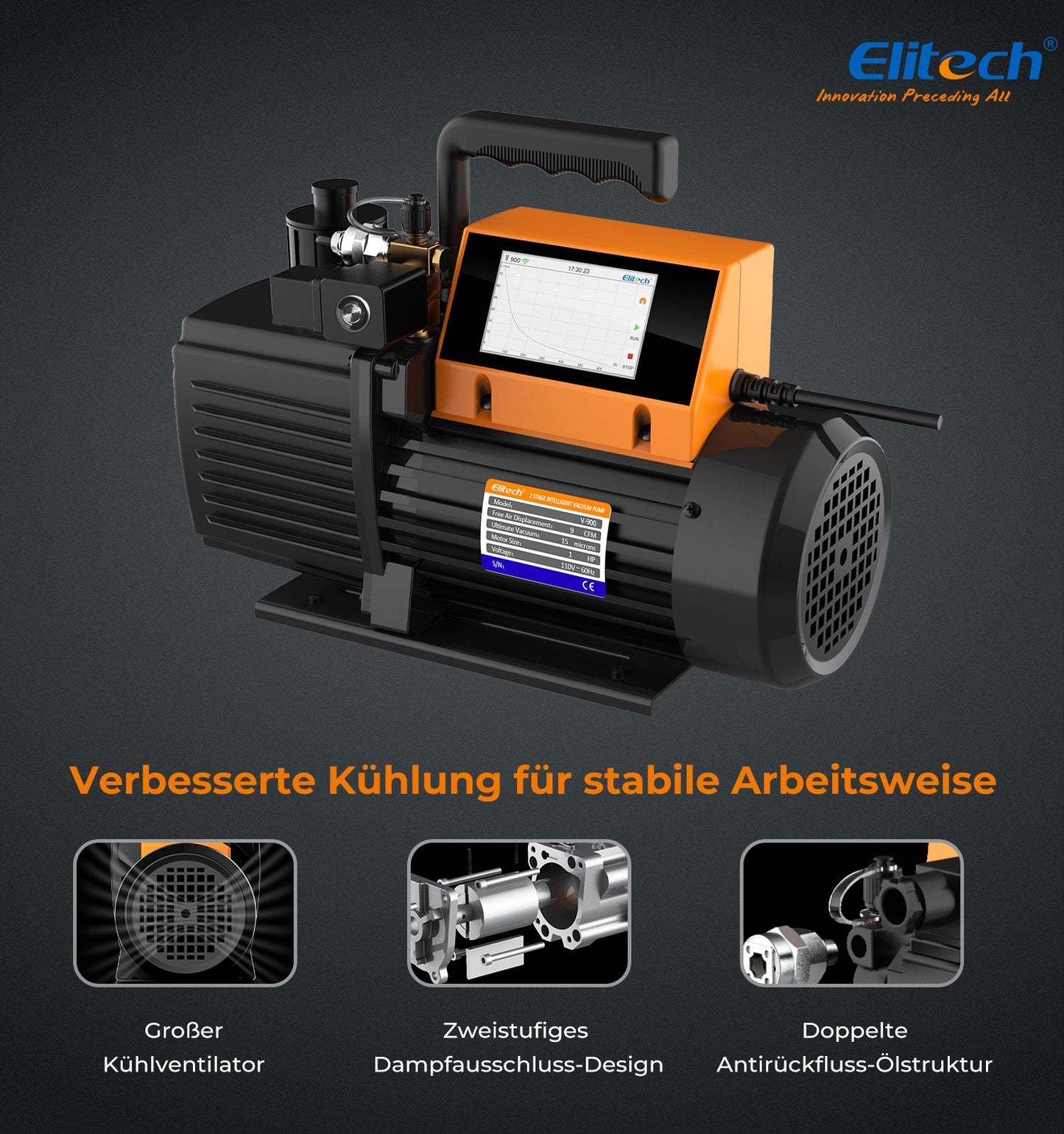 Elitech V900 220 V Intelligente 2-stufige Vakuumpumpe, 9 CFM, 4 l/s, APP-Steuerung, Datenprotokollierung, intelligente Steuerung